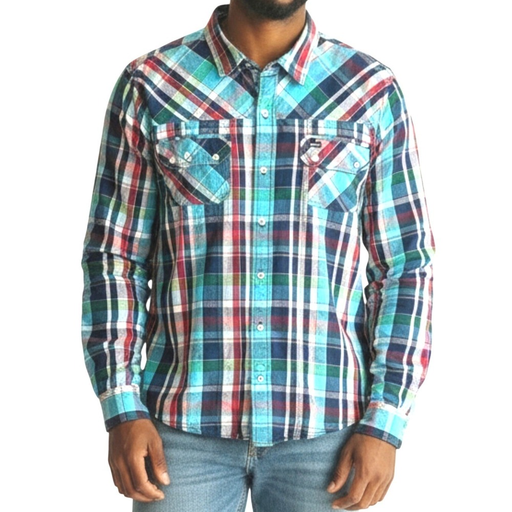 LRG Western Shirt Turquoise Red Plaid Button Up Mens 3XL Americana Cowboy